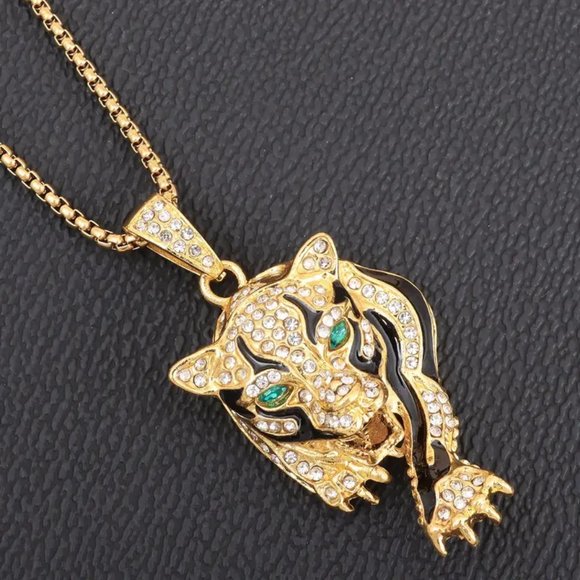 448 Creative Tiger Charm Pendant Necklace For Men, Hip-Hop Rhinestone Jewelry - Picture 2 of 5